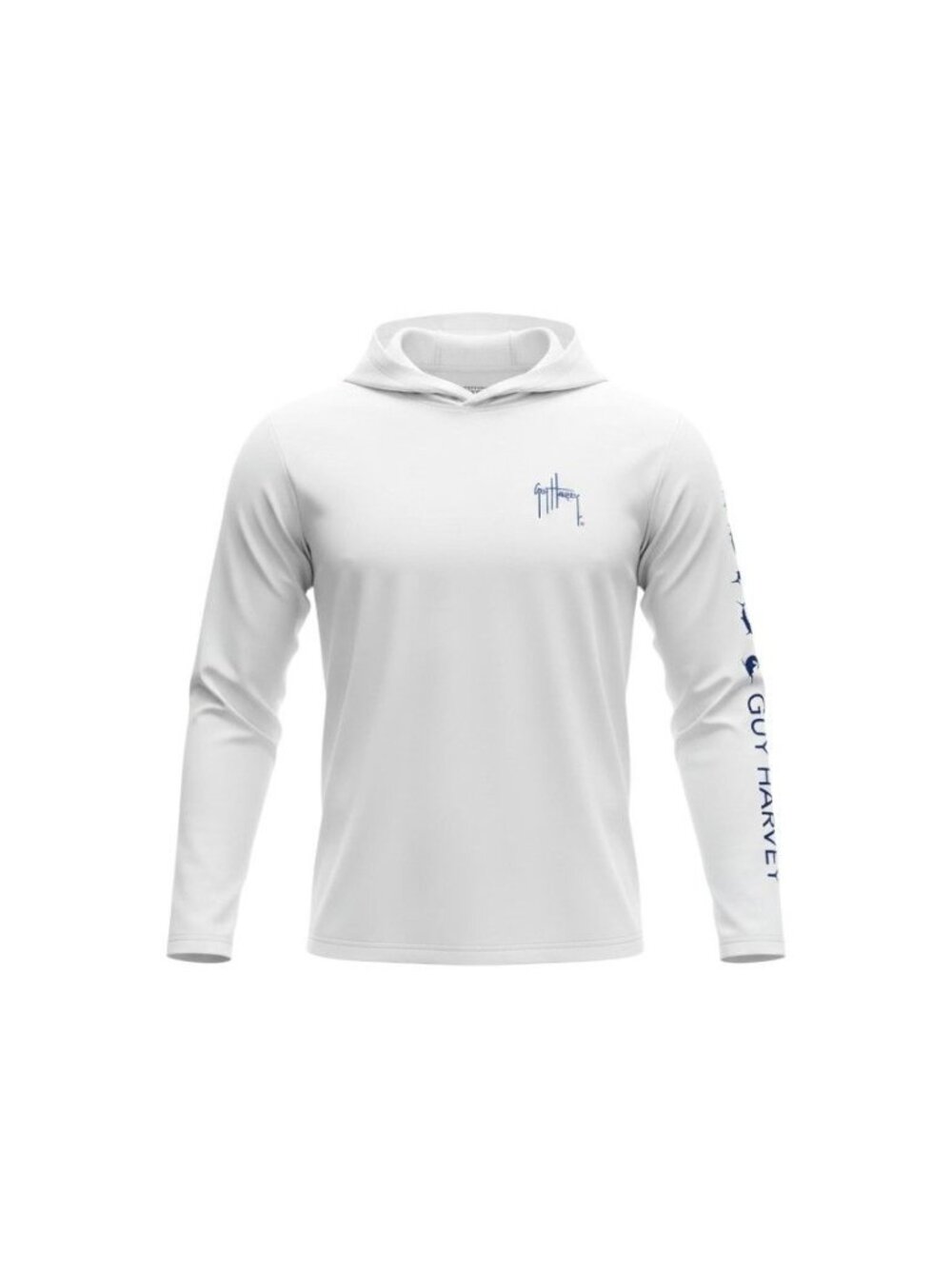 Guy Harvey Mens White Long Sleeve Hooded Performance Shirt Blue Graphics Size L